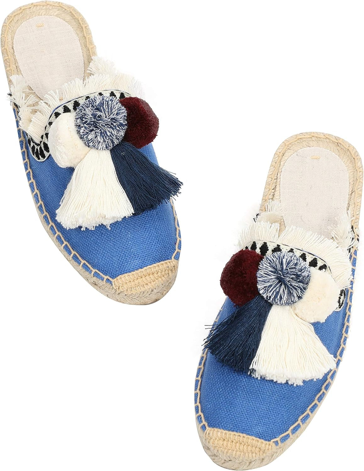 Women'S Comfort Red Tassel & Fluffy Ball Embellishment Canvas Mule Shoes Espadrilles