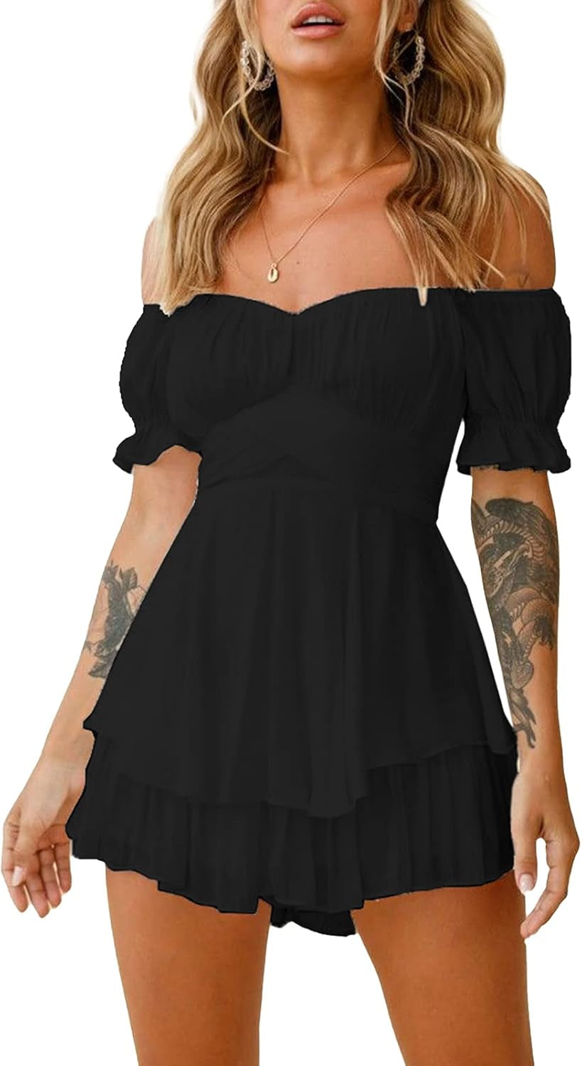 Women’S Strapless Romper Short Dress off Shoulder Tie Back Ruffle Hem Chiffon Jumpsuit Summer Casual Black L