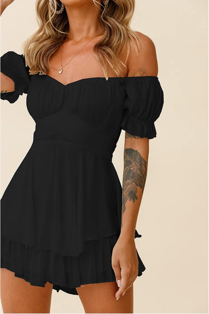 Women’S Strapless Romper Short Dress off Shoulder Tie Back Ruffle Hem Chiffon Jumpsuit Summer Casual Black L