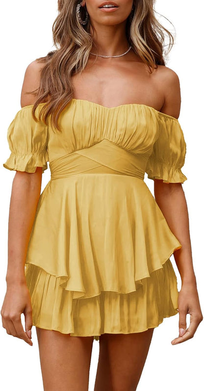 Women’S off Shoulder Chiffon Short Romper One Piece Jumpsuit Puff Sleeve Ruffle Hem Mini Dress Yellow L